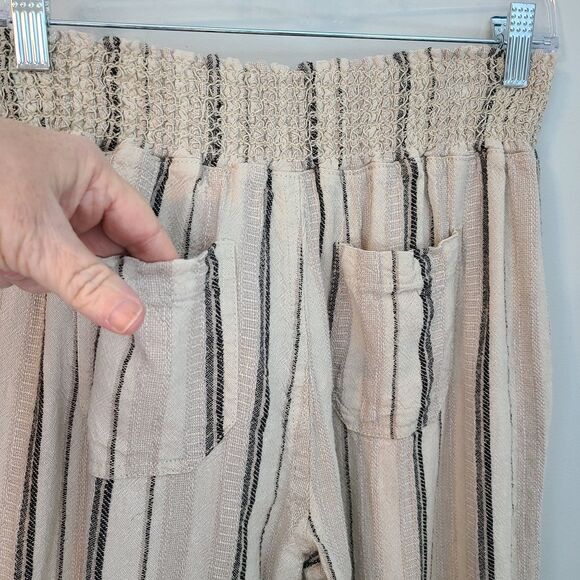Sincerely Jules Womens M Tan Striped Roll Tab Hem Cuffed Linen Blend Pants Boho - Picture 6 of 15